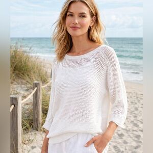 J. Jill White Crochet Knit Top XS S Lightweight Open Weave 3/4 Sleeve Beach